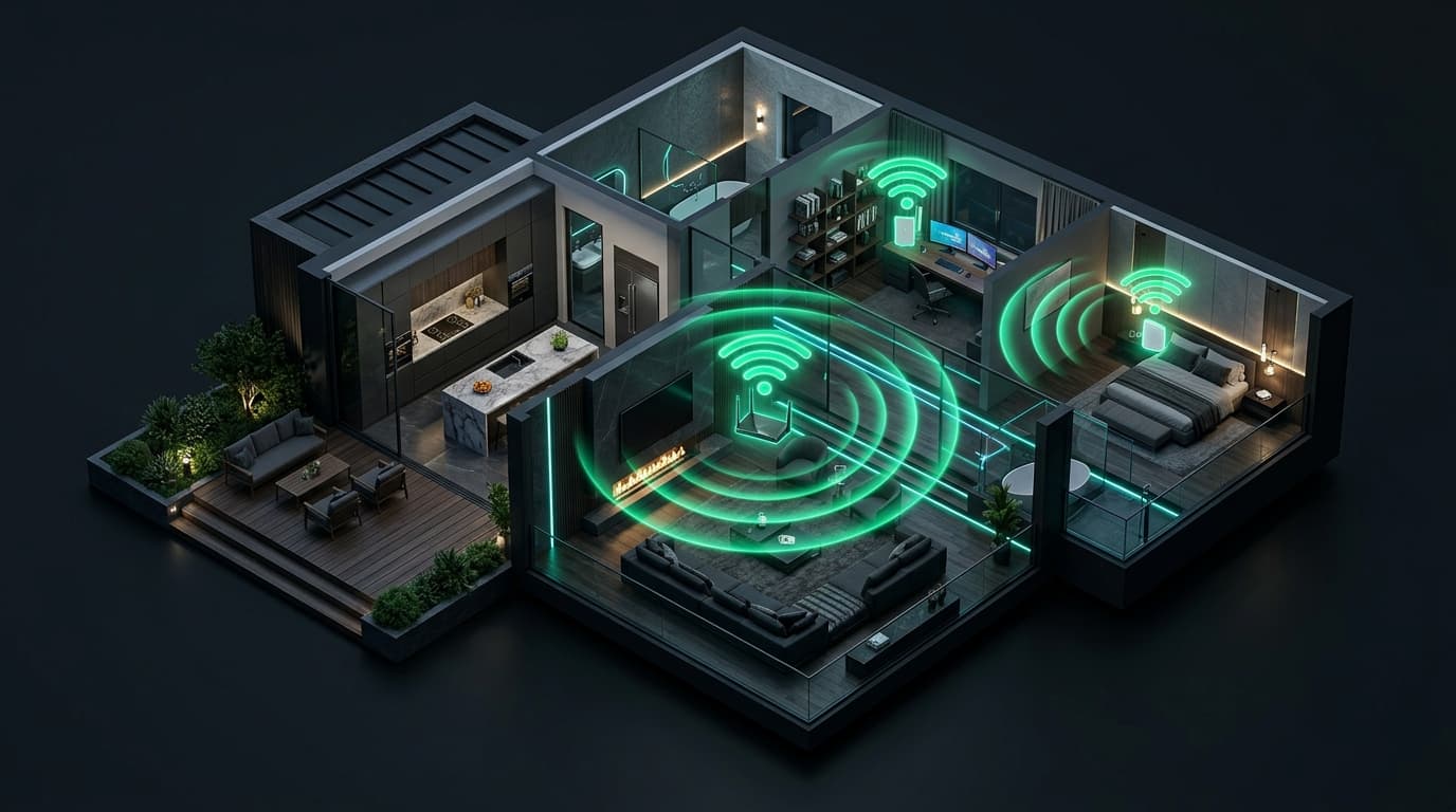 Planta 3D isométrica da casa com cobertura de sinal Wi-Fi Mesh inteligente